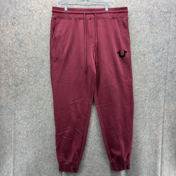 True Religion Jogger Pants Mens Large Red Zinfandel Flock CWP02 Logo Sweatpants - Picture 1 of 13